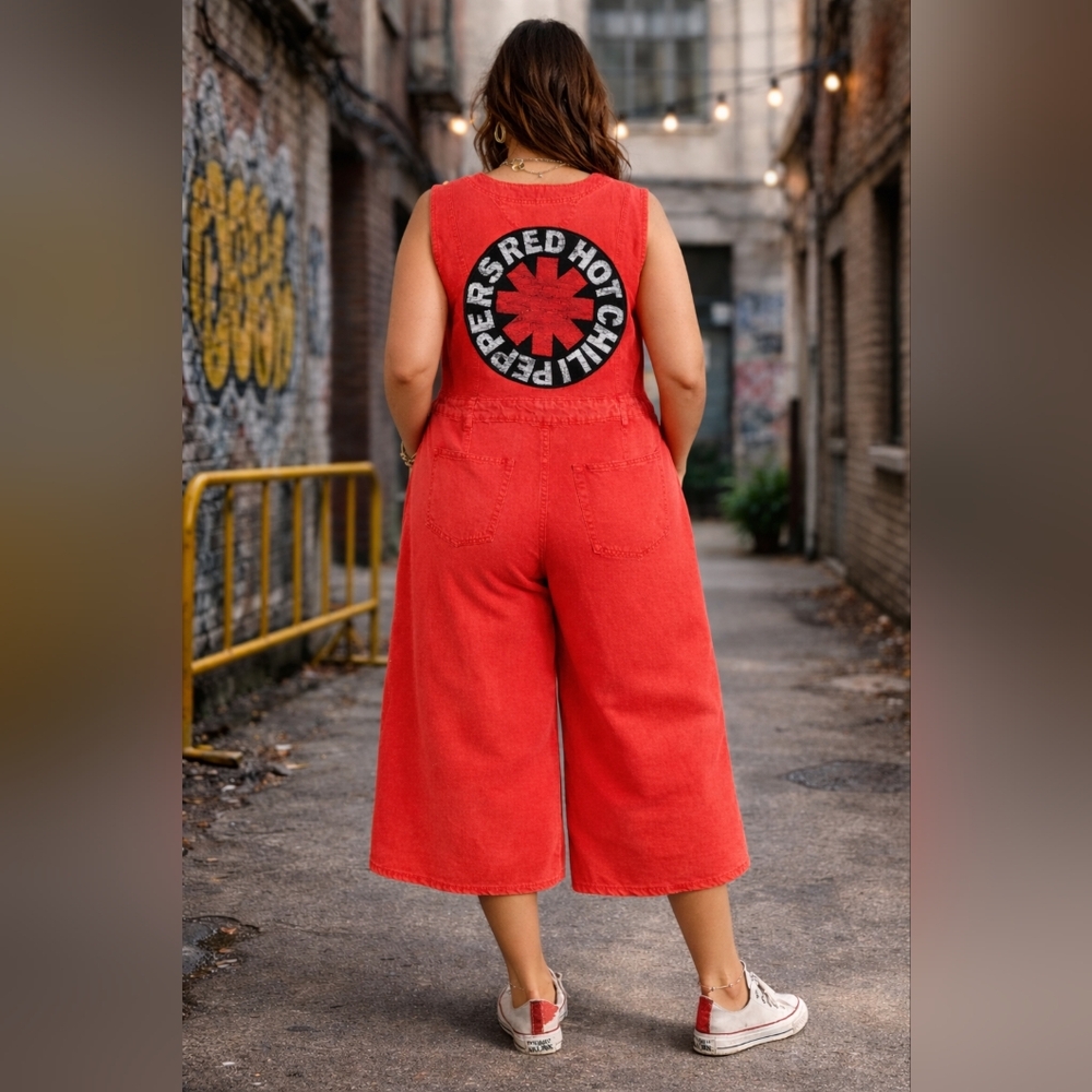 Upcycled Jumpsuit With Red Hot Chili Peppers Band Tee Patch , Size 14, New